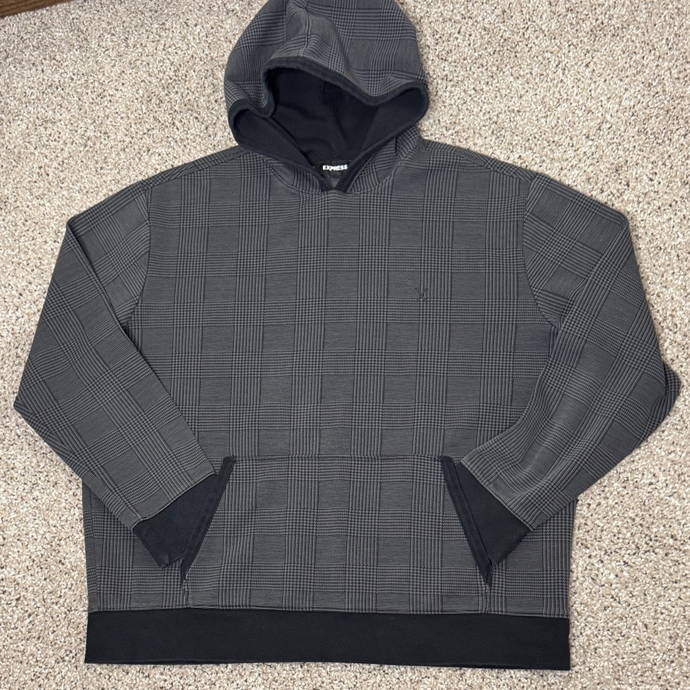 Express Black and Gray Plaid Hoodie Elevated Casual